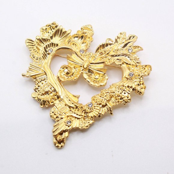 HIGH END GOLD PLATE FRENCH COUTURE HEART LARGE BROOCH - Picture 4 of 8